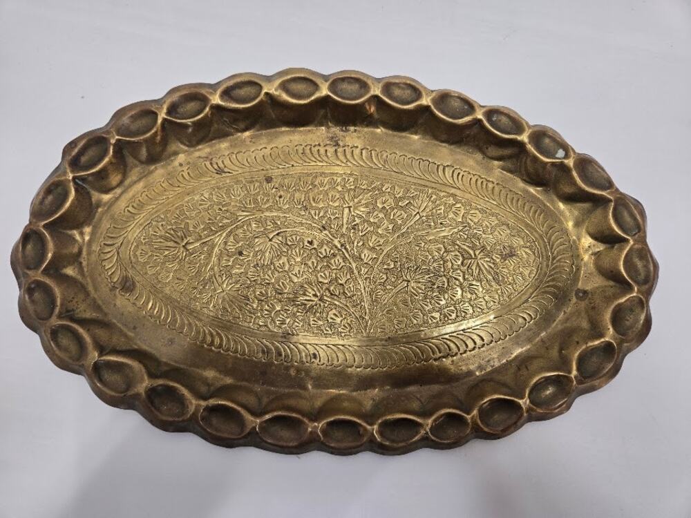Vintage Indian Brass 14" Oval Tray Hand Etched Indo Persian Floral